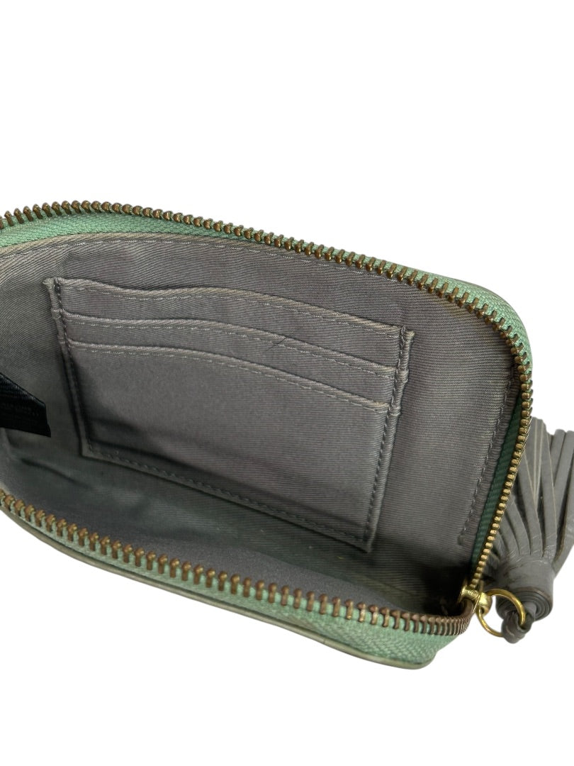 Fossil Tara Wristlet Green Pebbled Leather Gray Tassel 6 x 4 Inch