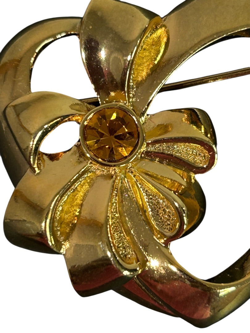 Vintage Goldtone Brooch Pin Heart Shape with Bow Orange Crystal 1.5 Inch