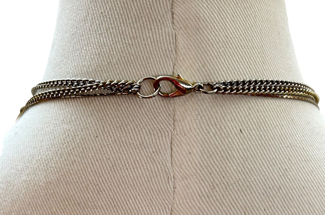 Goldtone Tiered Necklace Green White Black Beads 26 Inch