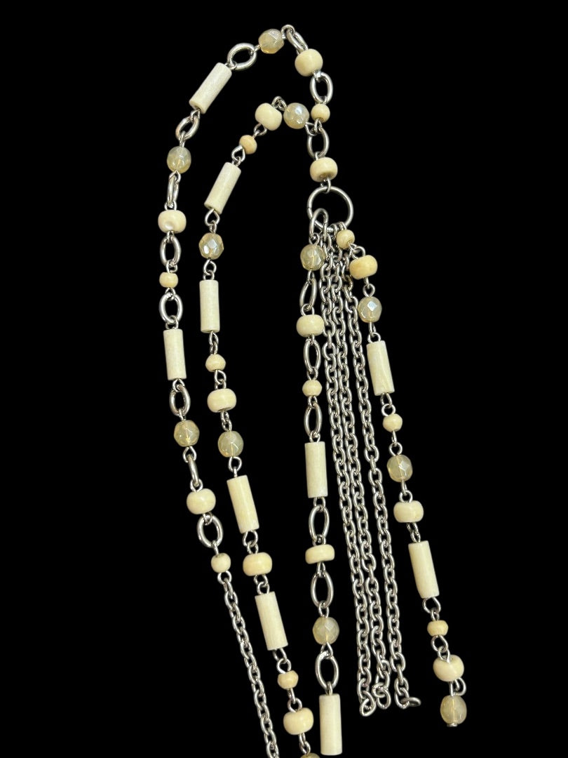 Silvertone Beaded Necklace 34 Inch 5 Inch Drop Cream Beads