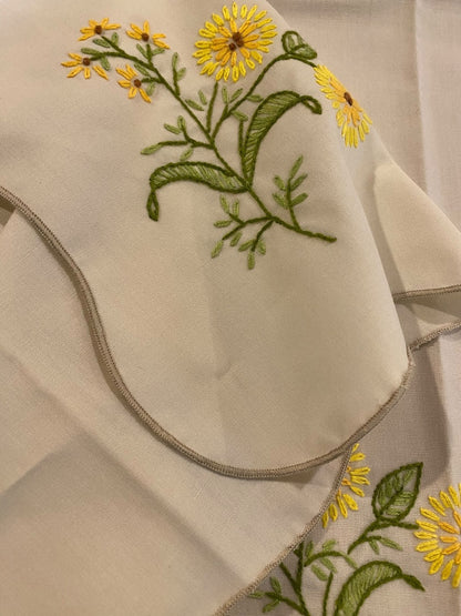 Vintage Embroidered Floral Tablecloth Table Linen 48 x 50 Inch