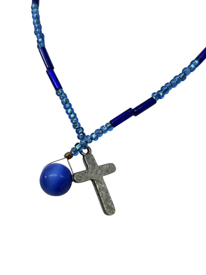 Beaded Blue Silvertone Cross Book Marker Bible 9.5 Inch