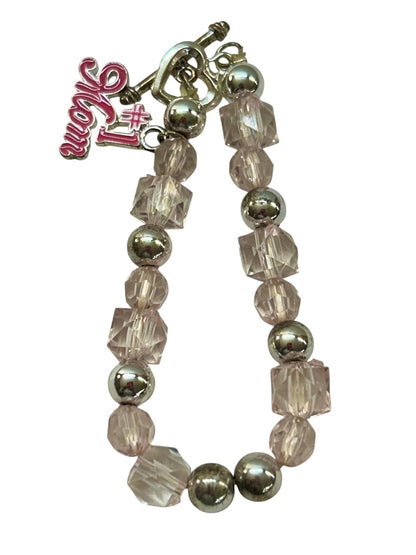 Stretchy Toggle Clasp Bracelet #1 Mom Charm Silver Pink