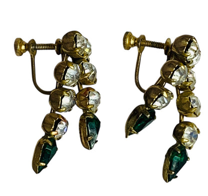 Vintage Clip On Screwback Earrings Goldtone Rhinestone Green 1.1 Inch Drop