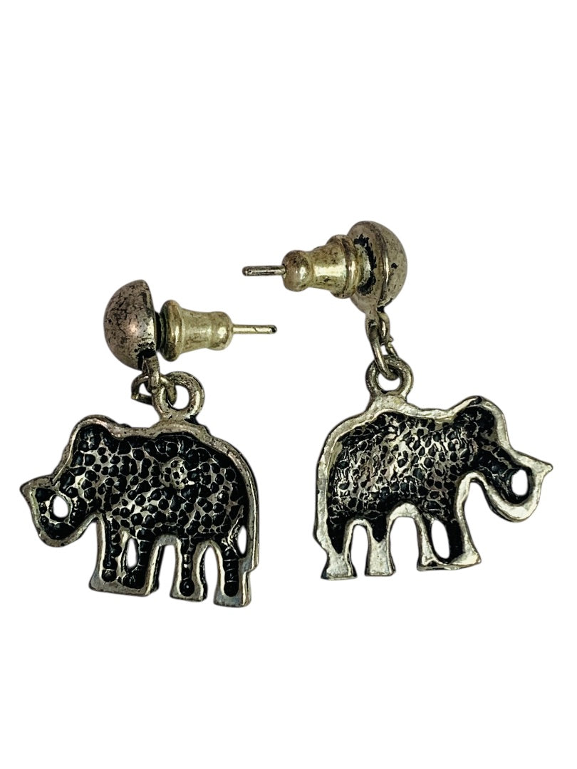 Vintage Silvertone Elephant Post Pierced Earrings 1.25 Inch Drop Trunk Up