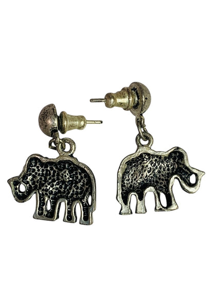 Vintage Silvertone Elephant Post Pierced Earrings 1.25 Inch Drop Trunk Up
