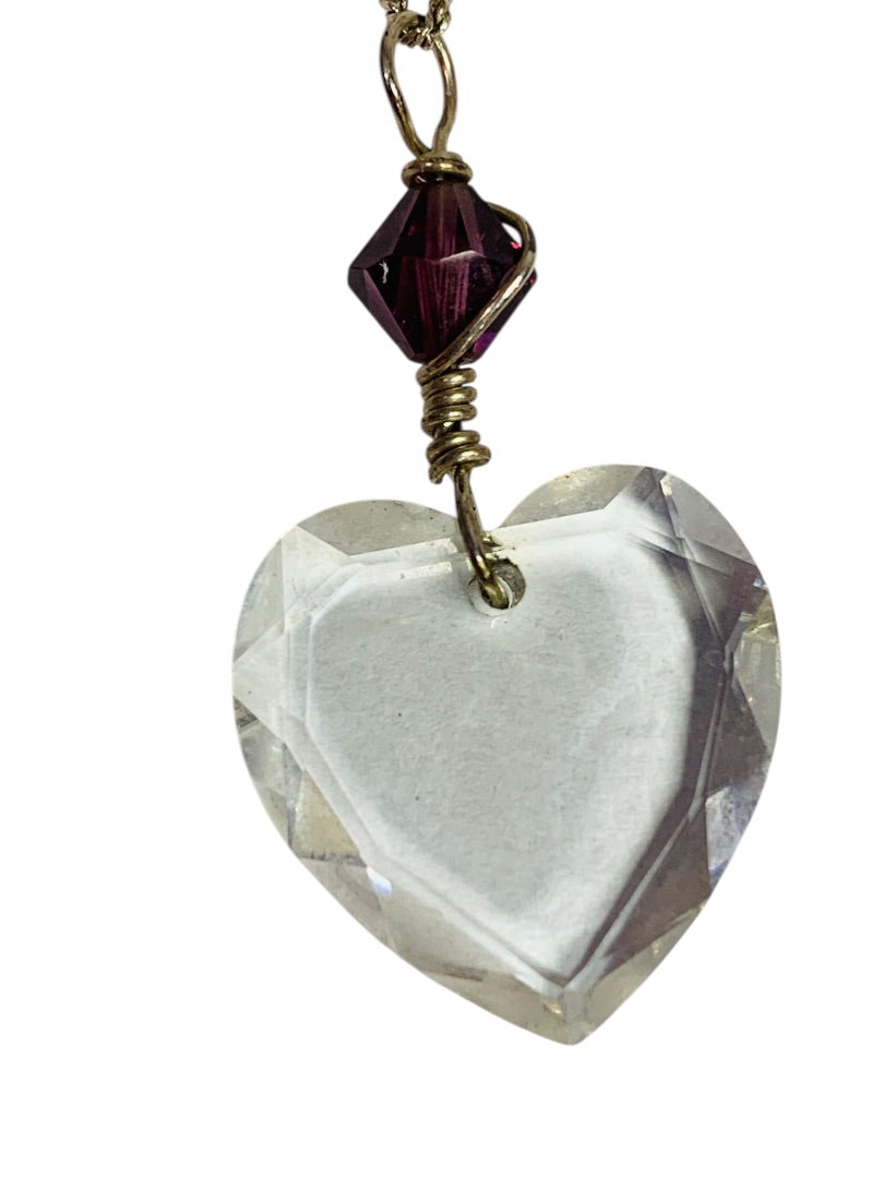 Silvertone Purple Acrylic Heart Pendant Necklace 12 Inch Spring Clasp