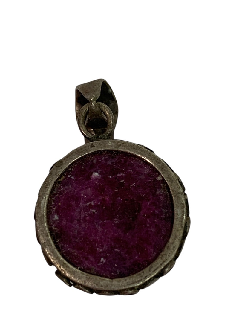 Polished Purple Stone Round Pendant Silvertone Setting 1.5 Inch Drop