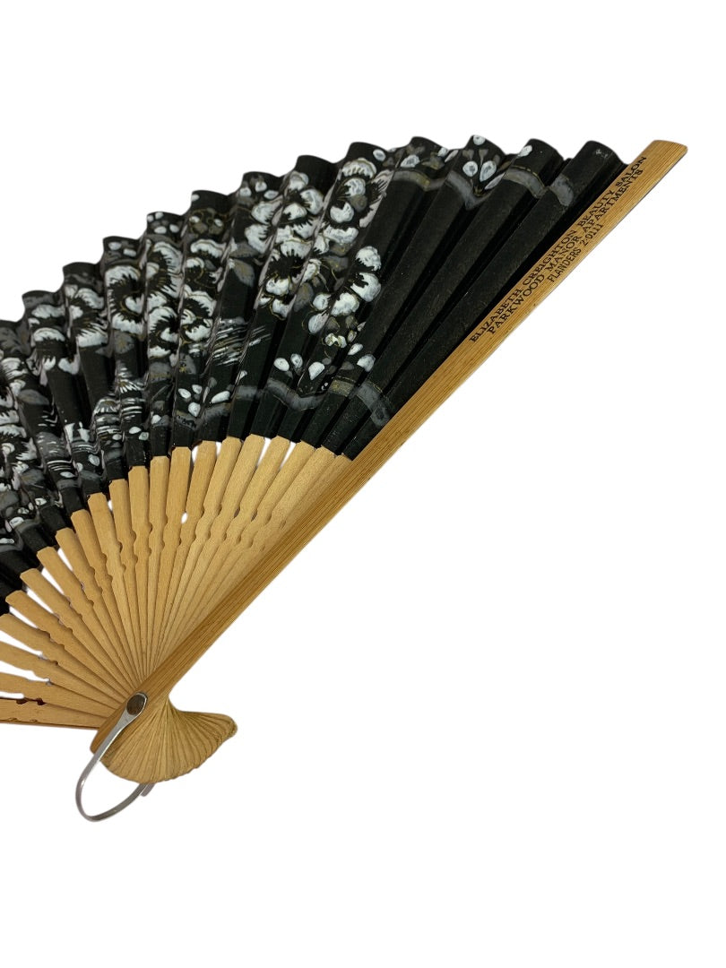 Vintage Paper and Bamboo Black Souvenir Hand Fan 8.5" Elizabeth Creighton Beauty Salon