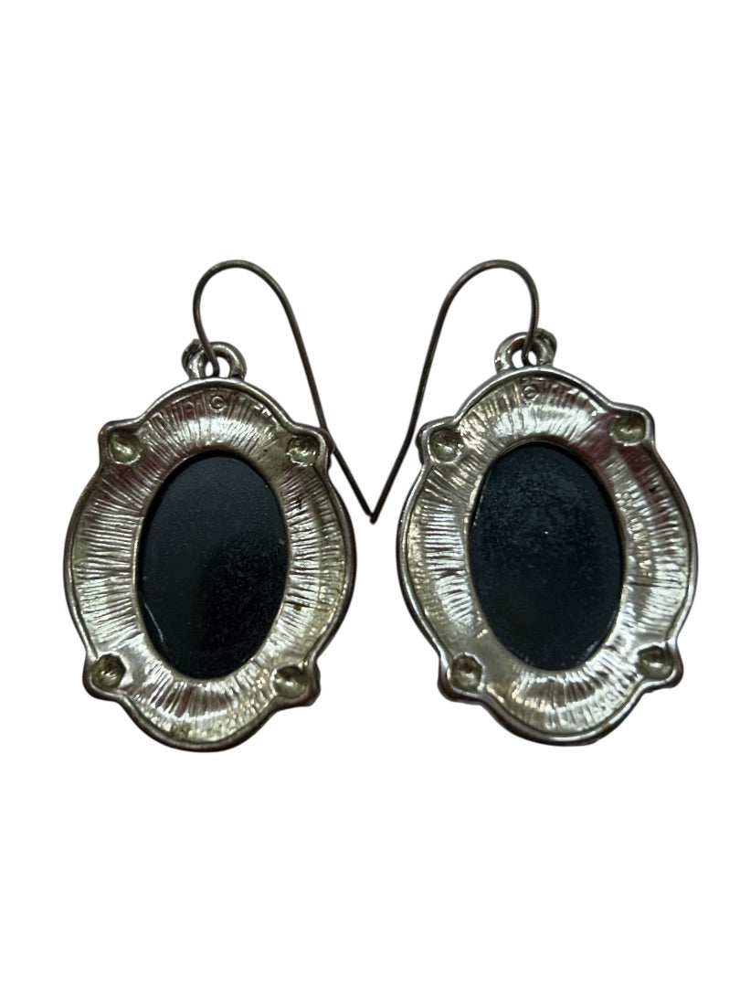 Silvertone Black Retro Style Fish Hook Earrings 1.5" Drop Dangle