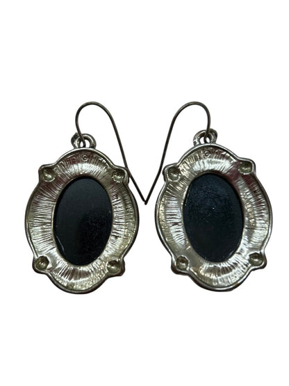 Silvertone Black Retro Style Fish Hook Earrings 1.5" Drop Dangle