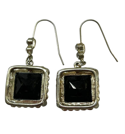 Lightweight Silvertone Black Acrylic Earrings 1.75 Inch Drop Dangle