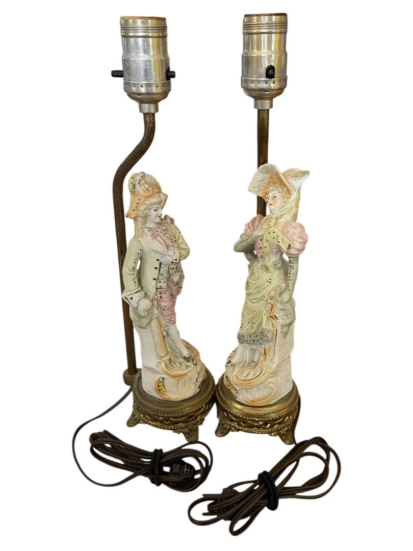 Vintage Table Boudoir Lamps Figural Victorian Man Woman Porcelain 14.5"h F30