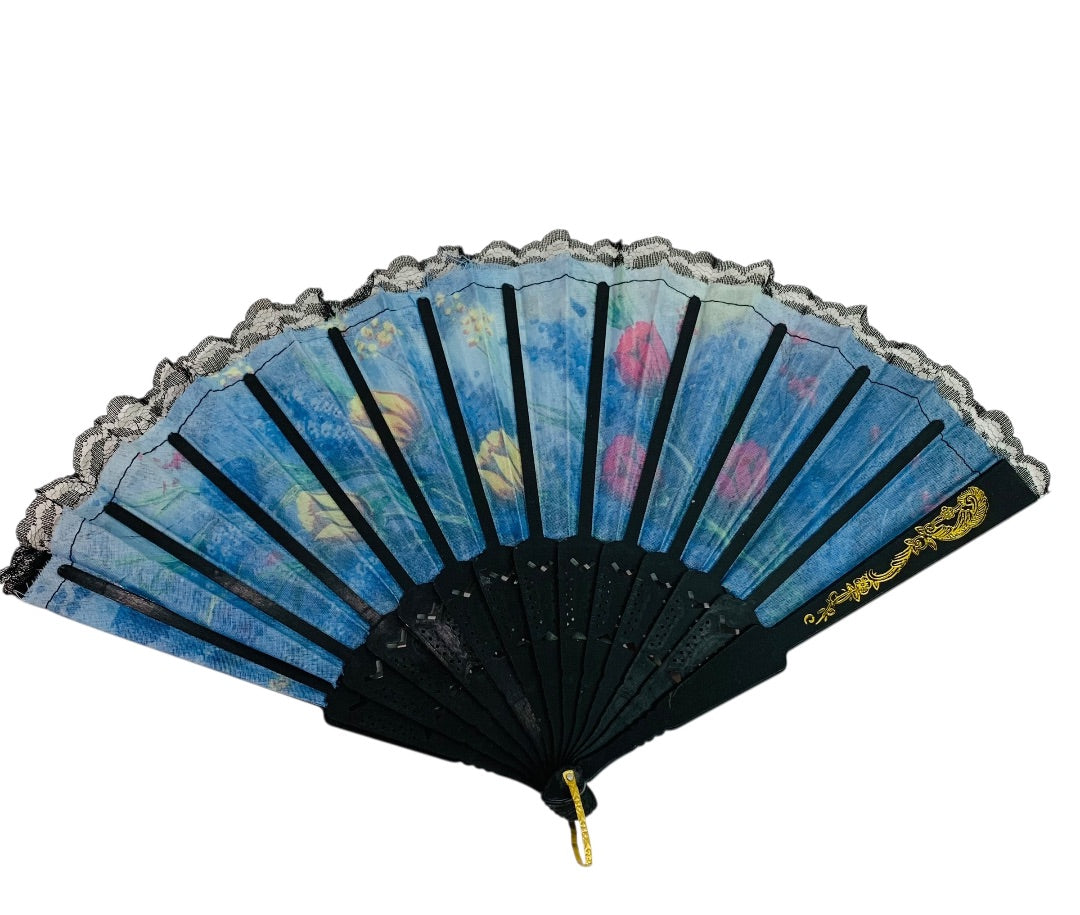 Vintage Fabric Handfan Plastic Ribs lace Goldtone Detail Tulips 9.5 Inch