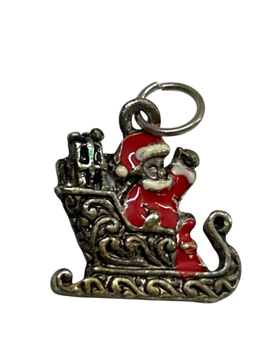 Goldtone Small Pendant Charm Santa Sleigh Christmas .75"