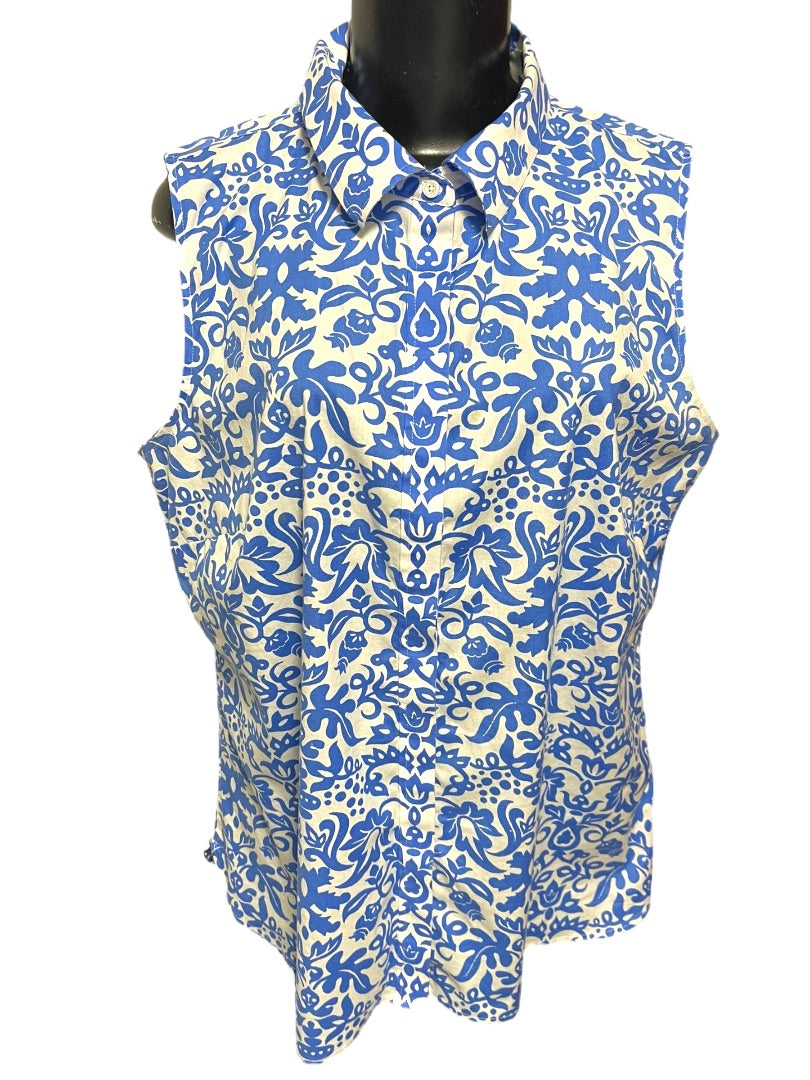 Size 16 Talbots Button Up Wrinkle Resistant Sleeveless Floral Shirt Blue
