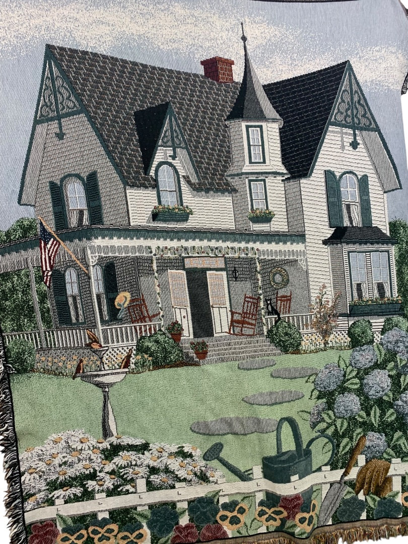 Vintage Woven Throw Blanket My Grandmothers House 67" x 54" American Cottage