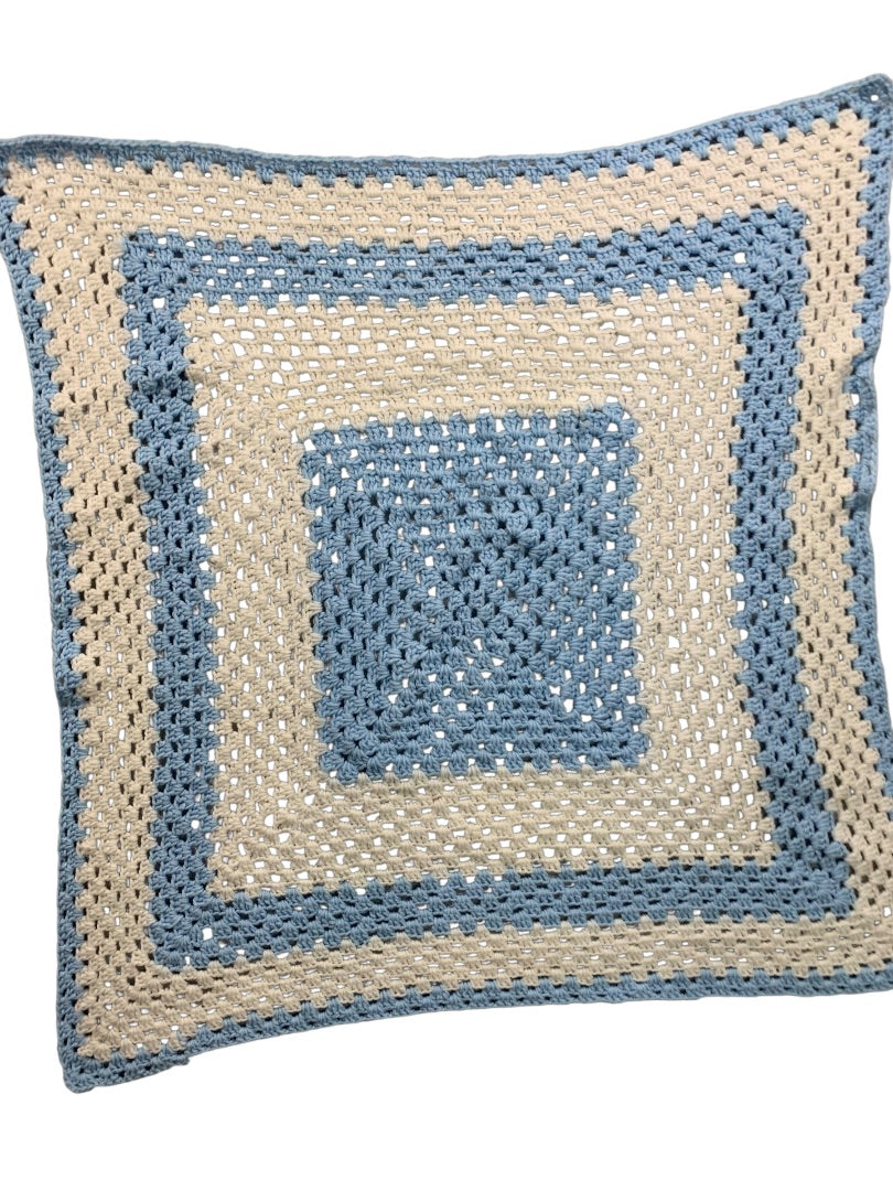 Vintage Crochet Afghan Blanket Throw 38" Square Blue White