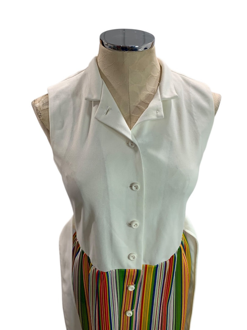 Size 10 Vintage Rainbow Stripe Maxi Dress White Sleeveless Button Front