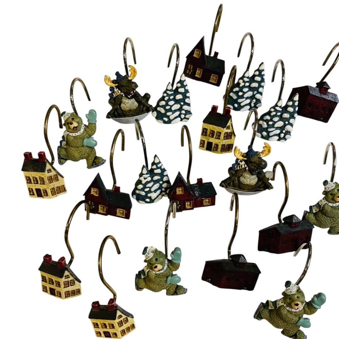 Set of 20 Holiday Winter Shower Curtain Hooks Bear Barn Tree Snow