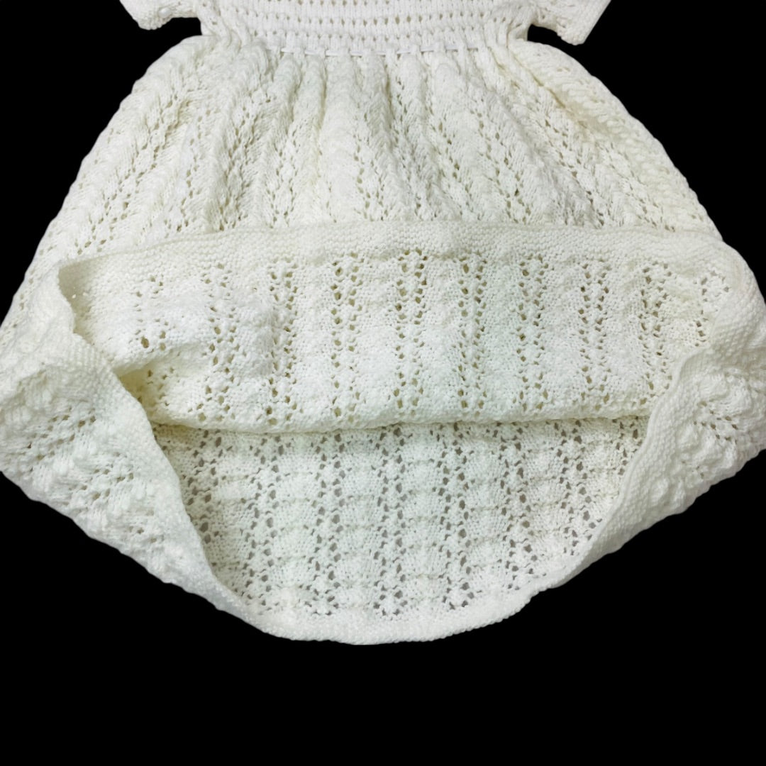 Vintage Infant Baby Dress Hand Crochet Knit White Ribbon Detail