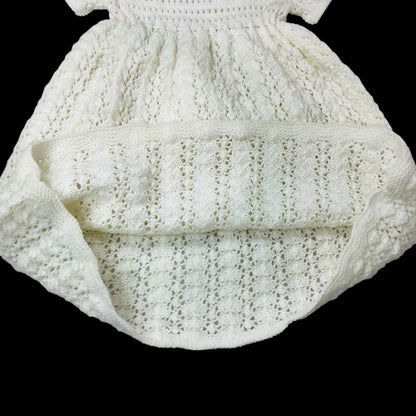 Vintage Infant Baby Dress Hand Crochet Knit White Ribbon Detail