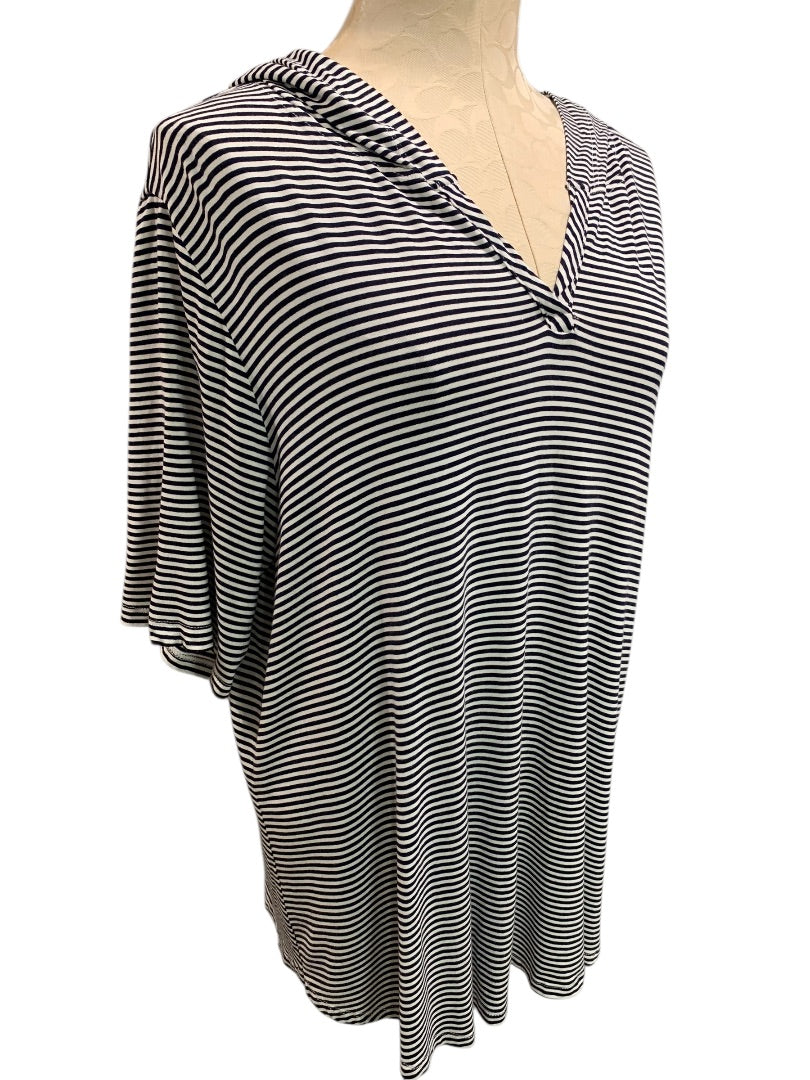1X Kim & Cami Womens Striped Pullover Hoodie Short Sleeve Lightweight Black White