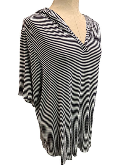 1X Kim & Cami Womens Striped Pullover Hoodie Short Sleeve Lightweight Black White