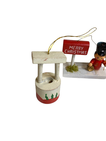 Vintage Lot of 5 Wooden Christmas Holiday Ornaments Barn Well Train
