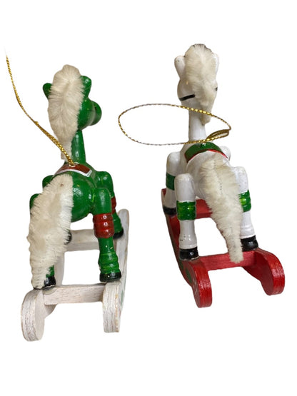 Vintage Wooden Christmas Holiday Ornaments Rocking Horse 4"