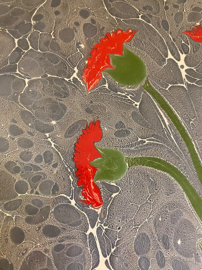 Turkish Ebru Painting Marbling Framed Flowers 17.5" x 11.5" Red Blue
