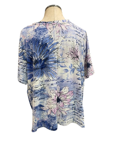 1X Liz & Me Womens Floral Print V-Neck Tshirt Short Sleeve