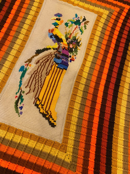 MidCentury Crochet Needlework Afghan Peacock 86" x 69" Orange Brown