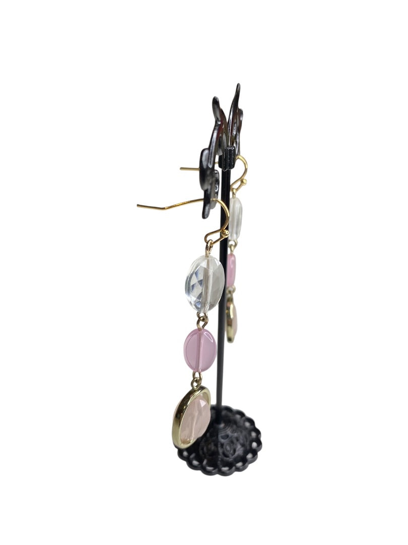 Goldtone Pink Clear Bead Pierced Fishhook Earrings 2.5" Drop