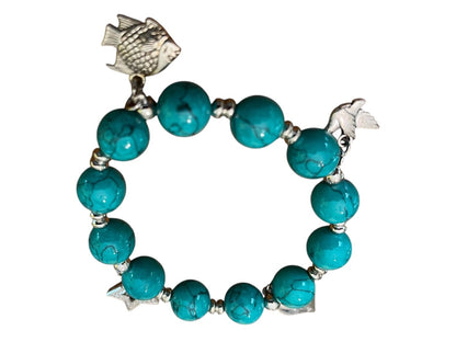 Beaded Stretch Silvertone Fish Dove Star Religious Stretch Bracelet Bright Blue