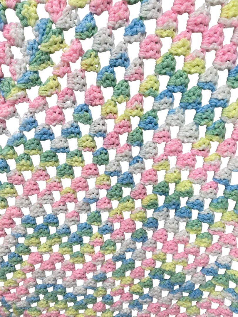 Vintage Crochet Baby Blanket Pastels 44" Square Yellow Pom Pom Trim