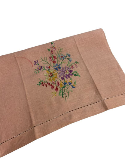 Vintage Pink Linen Cross Stitch Napkin Floral Stain 14" x 19"