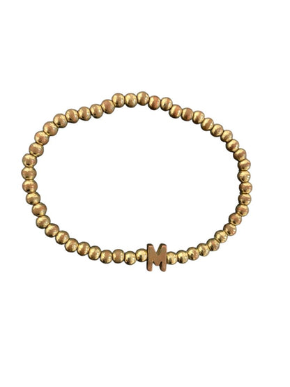 Goldtone Metal Beaded Stretch Bracelet Initial "M"
