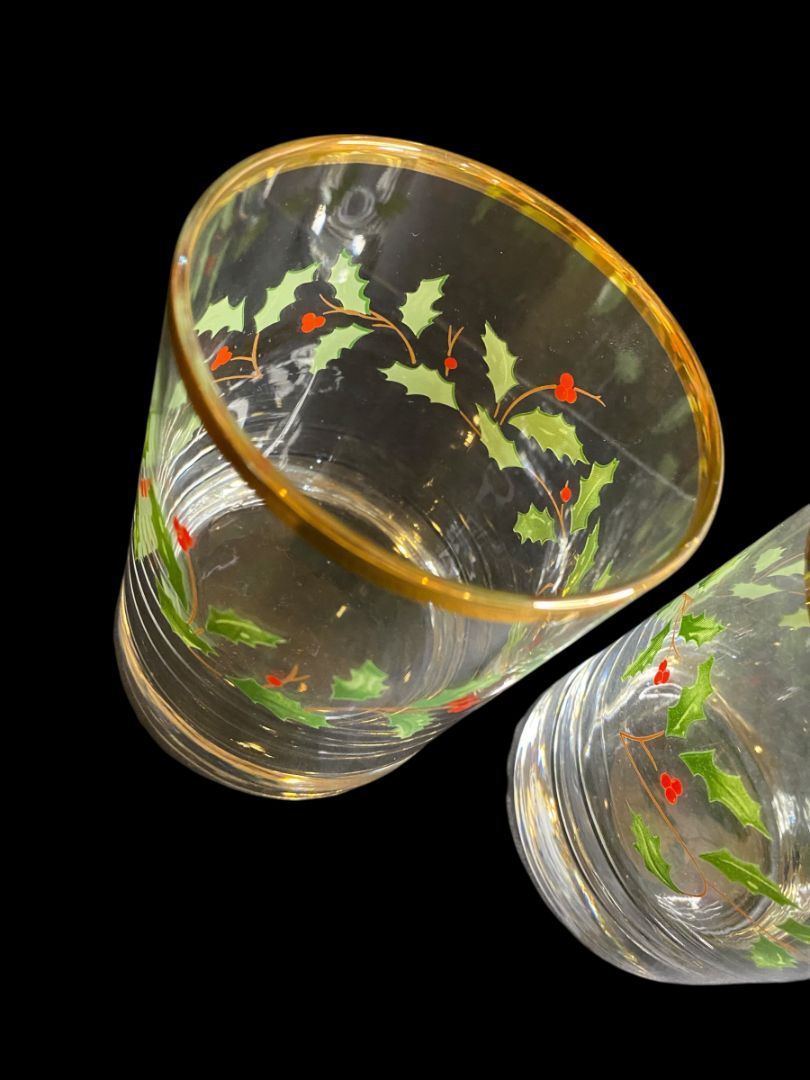 Vintage Mikasa Set of 2 Double Old Fashioned Glasses Holly Berry Ribbon Gold Trim