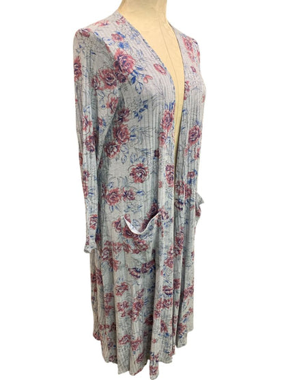 Small LulaRoe Womens Sarah Duster Long Cardigan Gray Floral Pockets