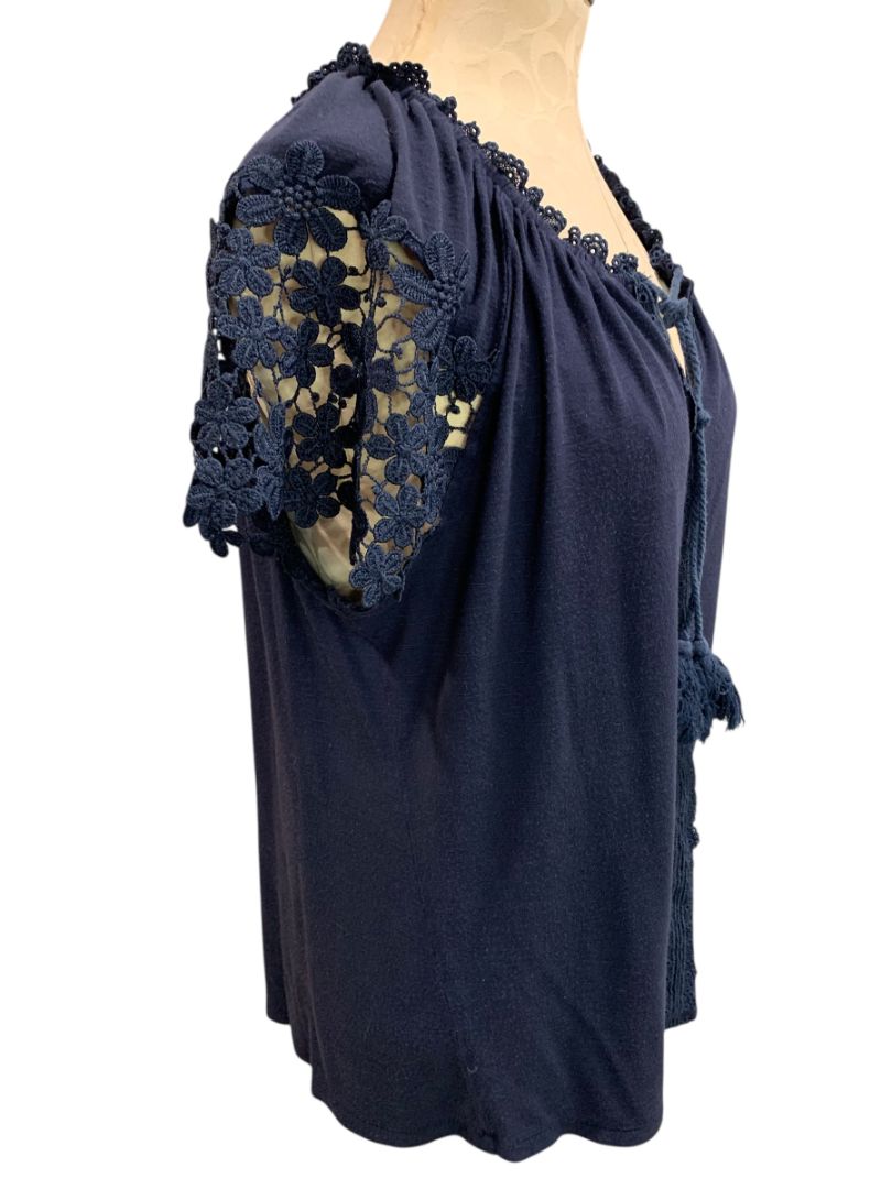 Size Large Adiva Womens Soft Navy Blue Boho Shirt Lace Short Sleeve