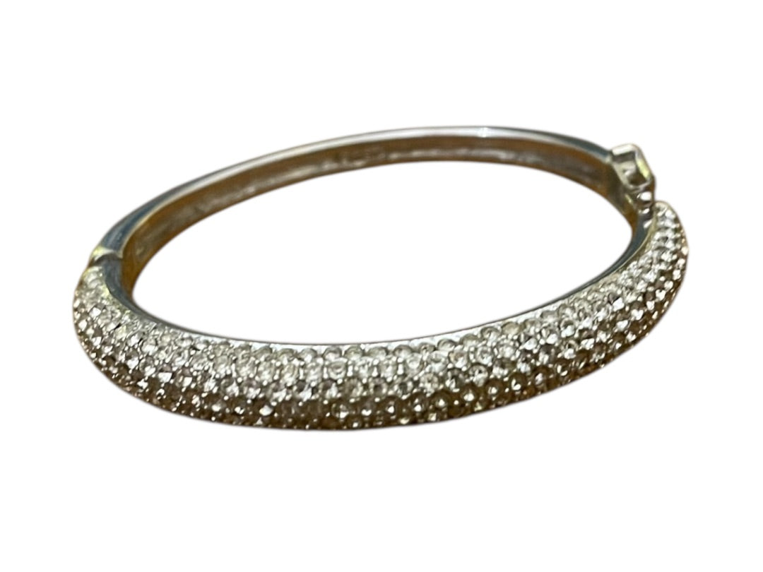 Christian Dior Silvertone Hinged Bangle Bracelet Crystal Pave Hallmarked