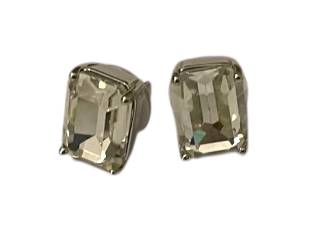 Emerald Cut Stud Post Pierced Earrings Clear .5" (14mm) Silvertone Setting
