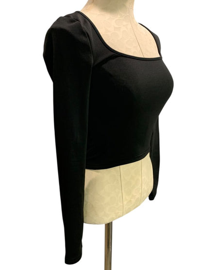 Size XS Black Scoop Neck Fitted Crop Long Sleeve Womens Shirt Fleecey Lining