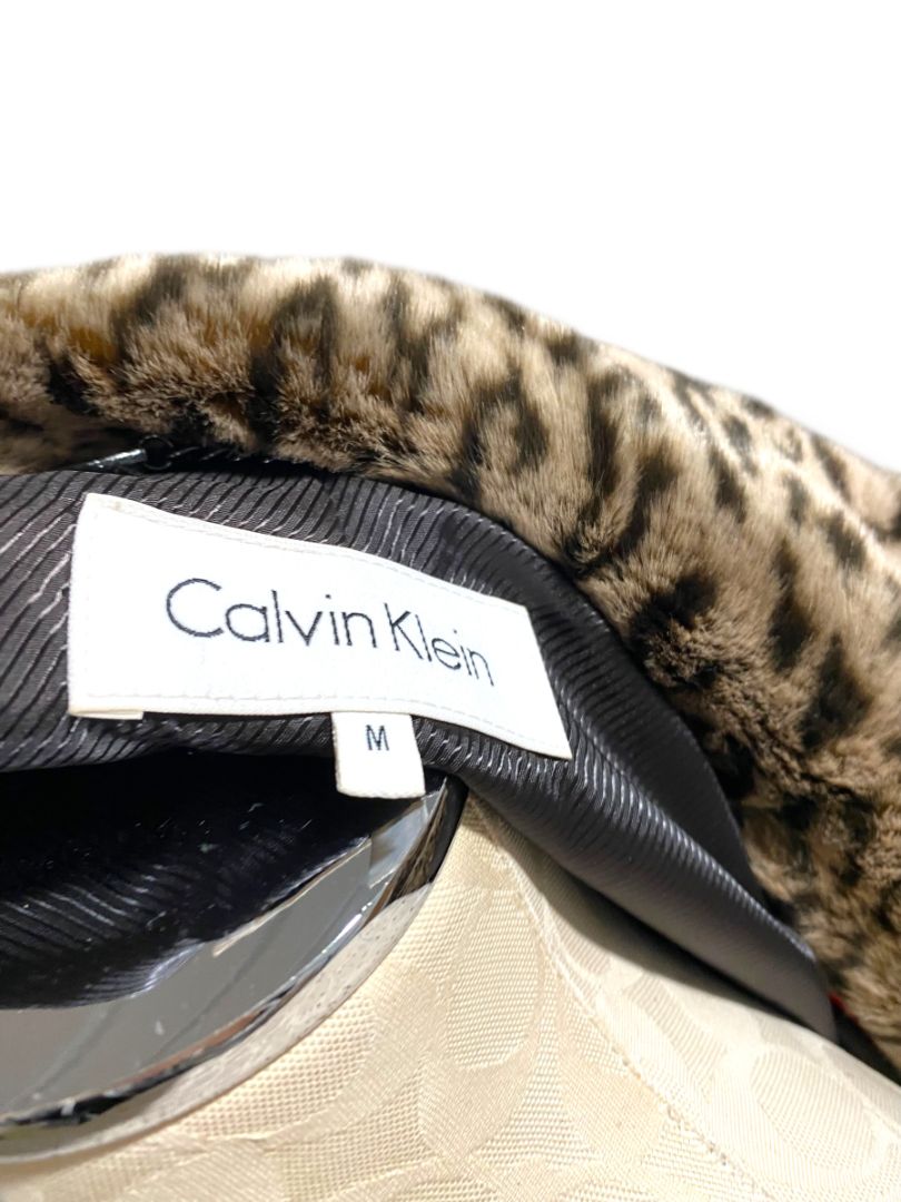 Size Medium Calvin Klein Womens Faux Fur Plush Animal Print Coat Pockets