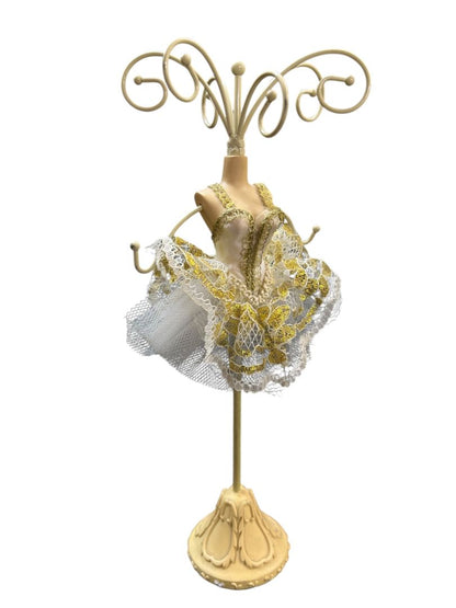 Ballet Ballerina Jewelry Stand Ivory Gold Tutu 9.5" Metal