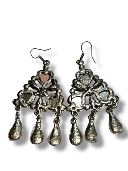 Silvertone Fishhook Pierced Earrings Floral Heart 2.5" Drop