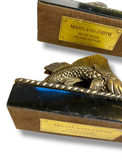 Set of 4 Maitland-Smith Handmade Placecard Name Holders Fish Marble Brass