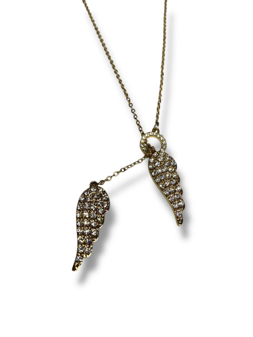 Goldtone Necklace Overhead Adjustable Feathers Rhinestones 26"