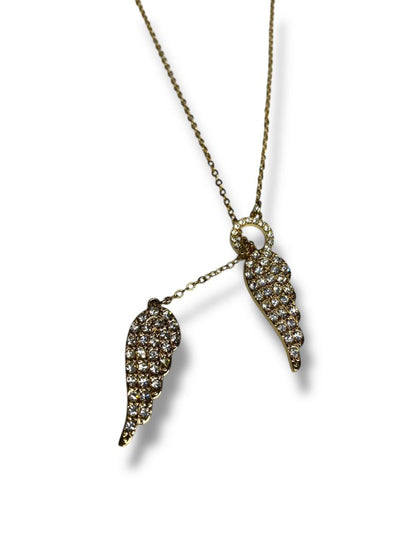 Goldtone Necklace Overhead Adjustable Feathers Rhinestones 26"